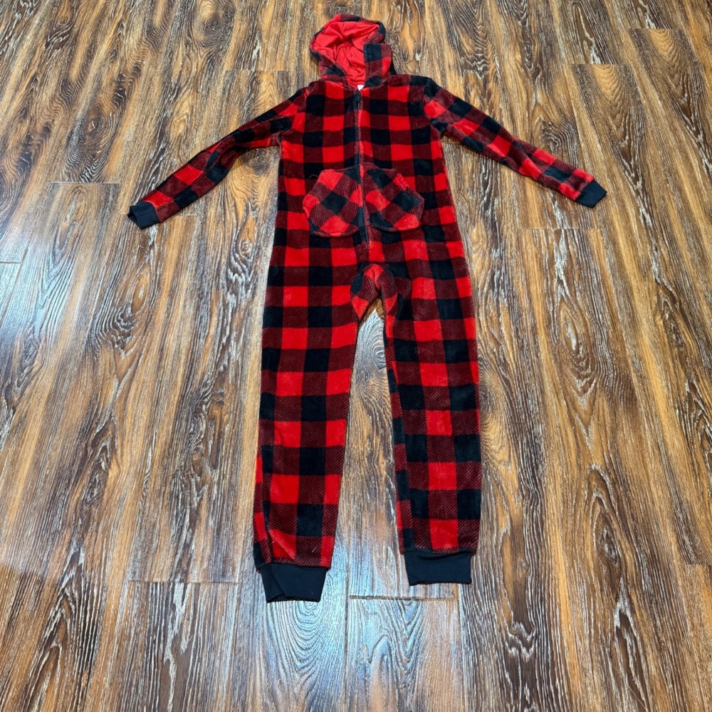 Cat & Jack Kids Size 10 Red Black Buffalo Plaid Fleece Hooded Suit Pajamas